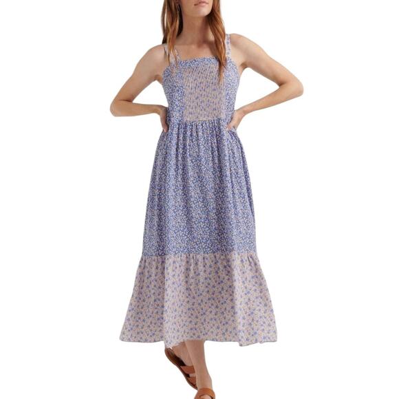 Pomegranate Crepe Prairie Dress Sleeveless Square Neck Ruffle Hem Blue Print XL - Picture 1 of 7